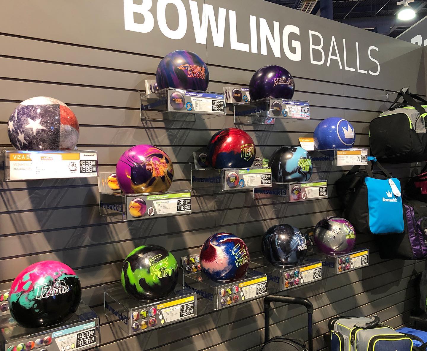 A wall of bowling balls at BowlersMart